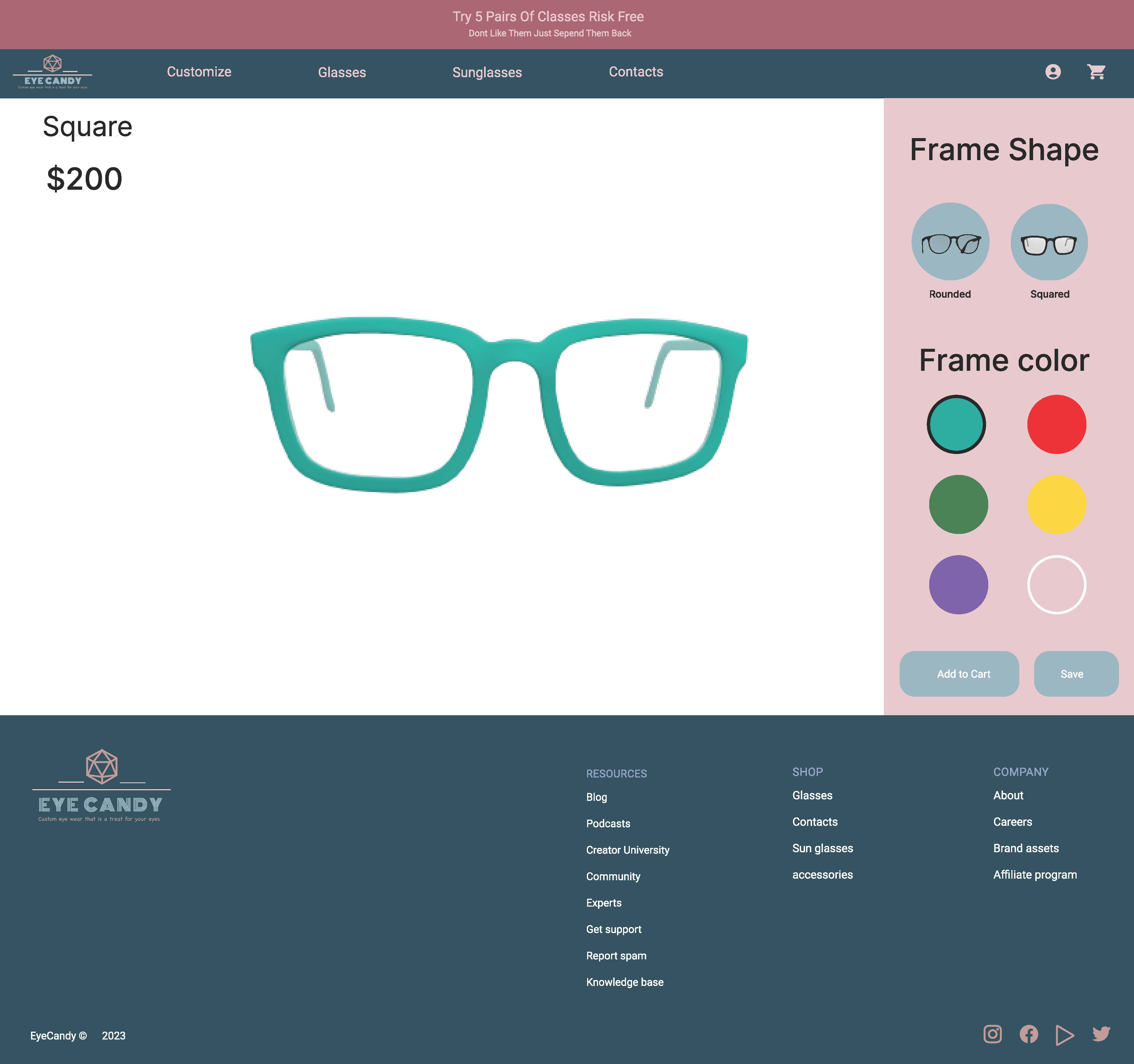 Customizer showing teal square frames with shape and color options
