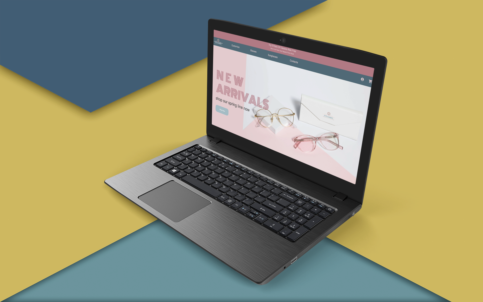 Eye Candy website displayed on laptop with colorful background