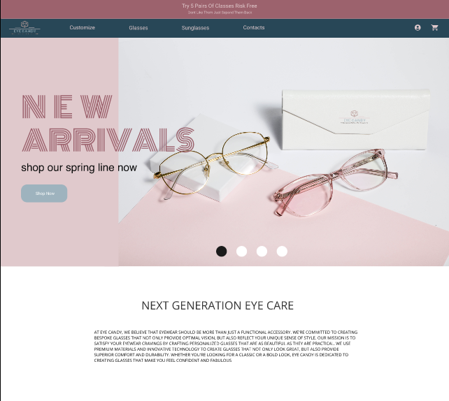 Eye Candy homepage hero section with New Arrivals