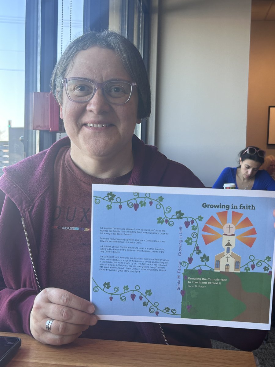 Author Sonia M. Falcón holding the Growing in Faith cover art
