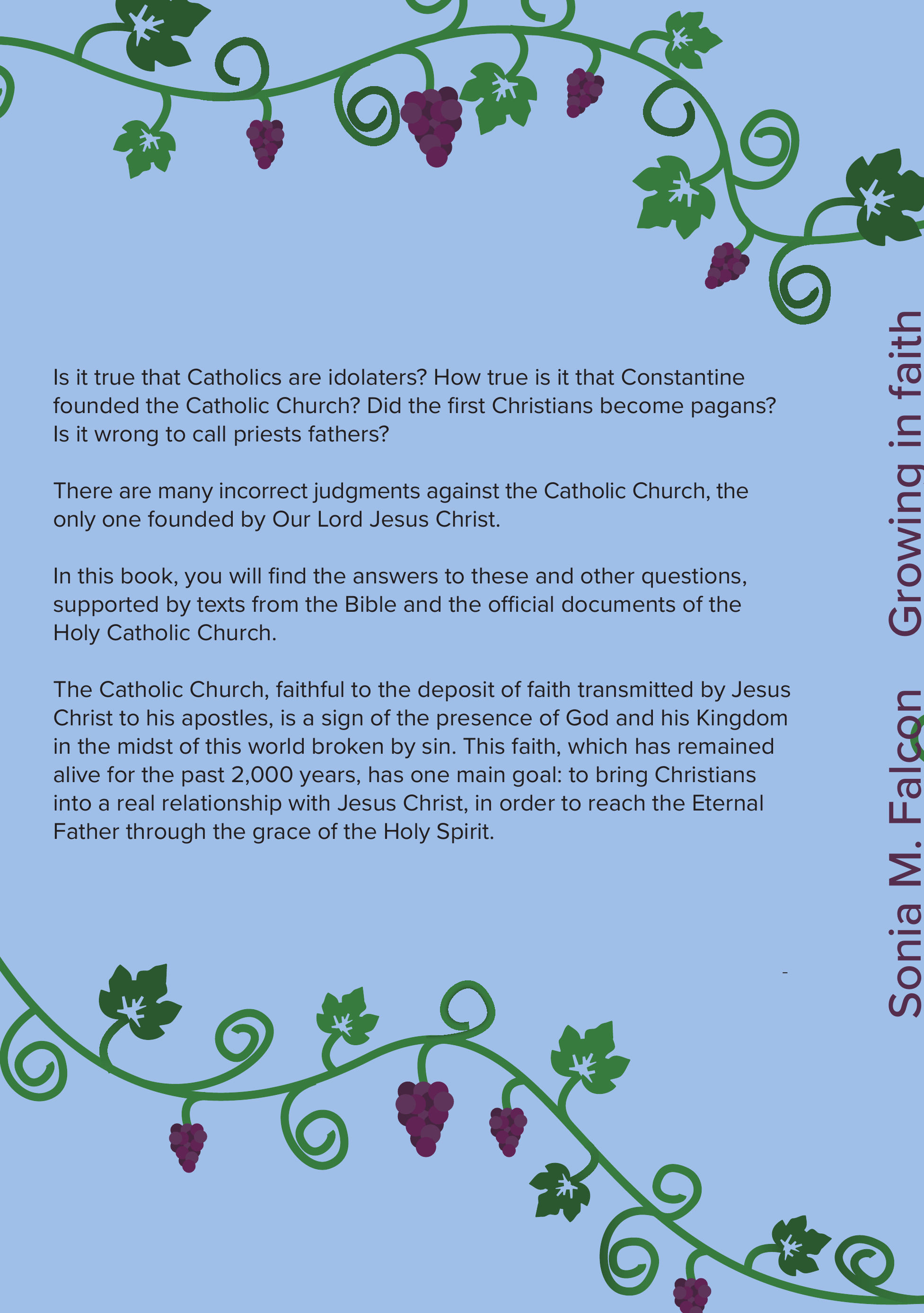 Back cover — book synopsis with grapevine border illustration