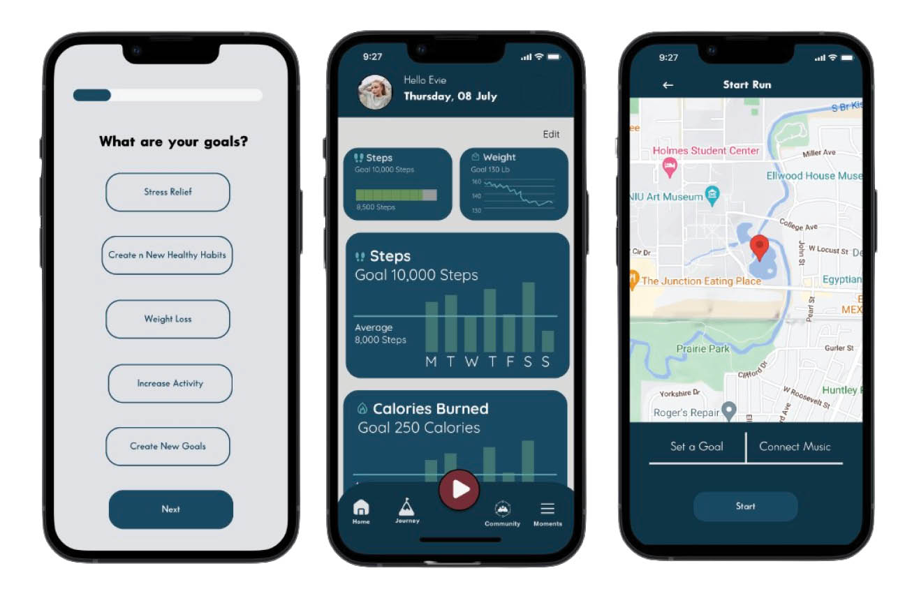 Stride app — goals, dashboard, map screens
